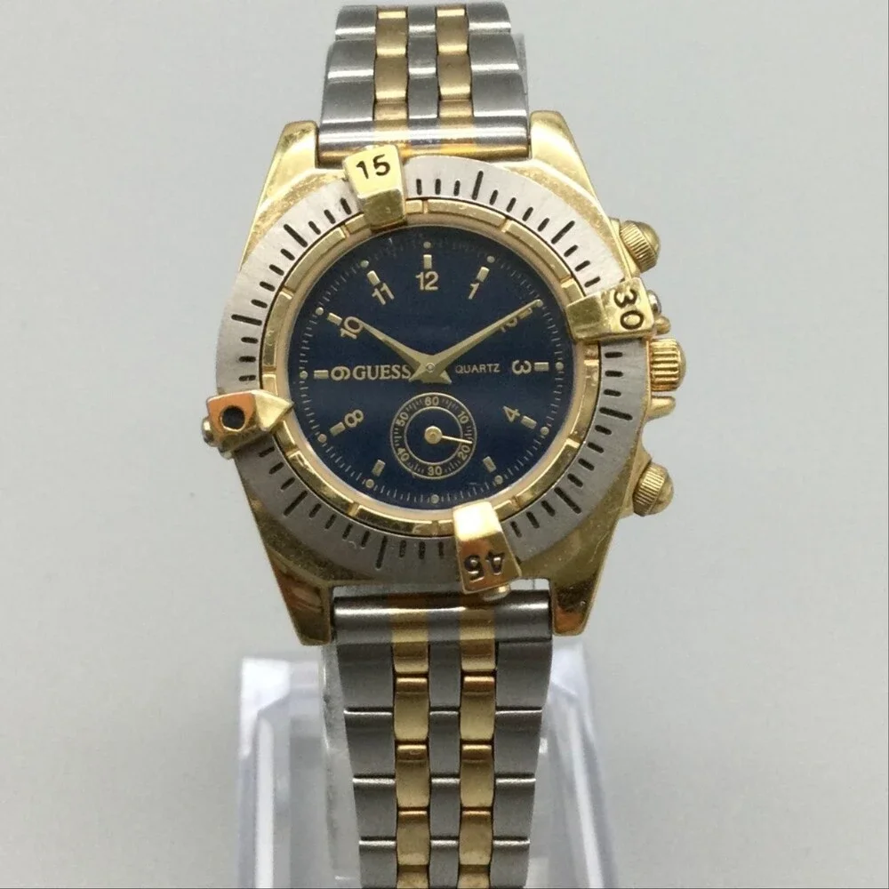 Vintage Guess Womens Watch 28mm Blue Dial Two Tone 1994 New Battery 6.75
